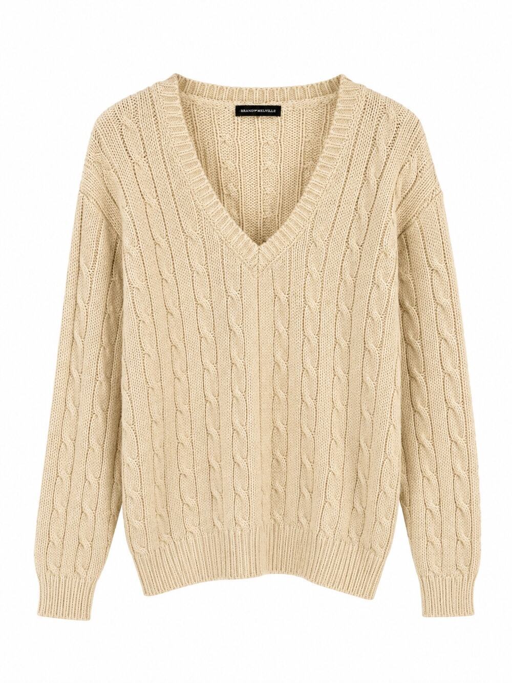 Brandy Melville Wool Blend Cable Knit Sweater One Size Cream V Neck Pullover